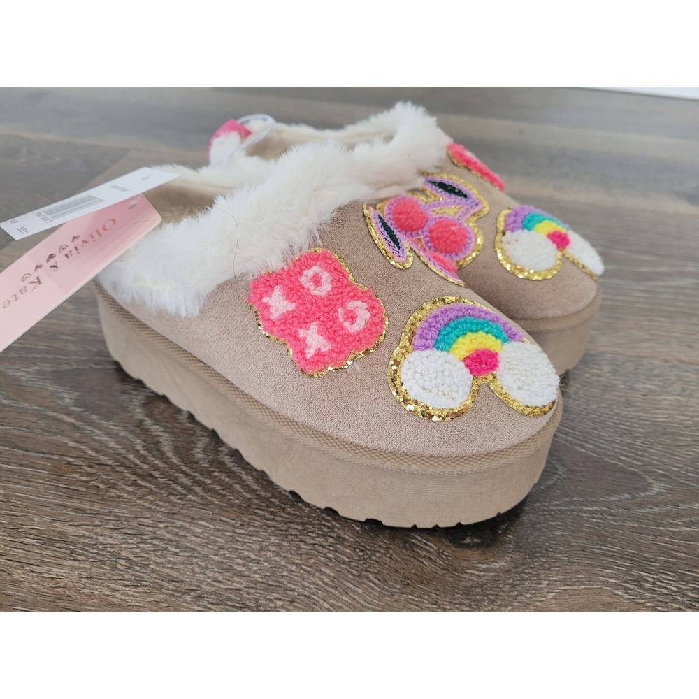 Olivia Kate Taupe Platform Clogs‎ Kids 11 Rainbow Cherries XO Hearts Fuzzy #5